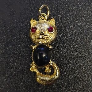 Charming Gold Cat Necklace with Black and Red Accents. Pendant, Charm